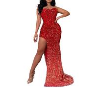 Darringls Abito da sera lungo da donna, abito da cocktail, per feste, matrimoni, feste, elegante, con paillettes, con scollo a V, maxi abito da sera, Colore: rosso, M