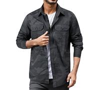 Darringls Camicia cargo da uomo in cotone mimetico, con bottoni, da trekking, da cowboy, con colletto alto, da lavoro, per attività all'aperto, con bottoni a tinta unita, 2 tasche sul petto, grigio
