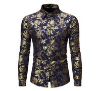 Darringls Camicia da uomo a maniche lunghe, con motivo floreale, slim fit, colletto rovesciato, per il tempo libero, per la notte, a maniche lunghe, da lavoro, da uomo, Blu mare, L