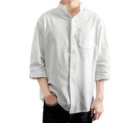 Darringls Camicia in lino, a maniche a 3/4, da uomo, in tinta unita, vestibilità normale, con risvolto, in lino, senza colletto, per il tempo libero, vestibilità normale, stile retrò, semplice