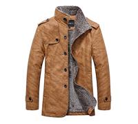 Darringls Cappotto in pelle da uomo, slim fit, cappotto invernale con colletto alto e imbottitura nero marrone spesso trench cappotto corto con collo di pelliccia, giacca invernale da uomo, cachi,