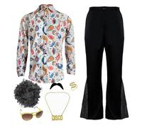 Darringls Costume anni '70, da uomo, hippie, costume da carnevale 50S, 60S, parrucca e accessori da discoteca, cosplay, Halloween, feste, pantaloni a zampa, camicia 80S, Nero , M