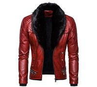 Darringls Giacca in pelle da uomo con collo di pelliccia, trench steampunk, cappotto di pelliccia, in stile retrò, parka, Colore: rosso, L