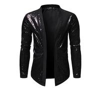 Darringls Shiny Gold Paillettes Blazer Giacca da uomo Cardigan da uomo Giacca invernale blazer night club leggero lucido discoteca festa DJ palcoscenico cantante danza spettacolo costume, Nero , XL