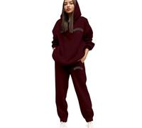 Darringls Tuta da donna alla moda, tinta unita, in due pezzi, comoda, oversize, da jogging, a maniche lunghe, per il tempo libero, Y2K, streetwear, casual, per la casa, per l'inverno, Vino, XXL