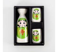 Daruma Giapponese Sake Coppa E Bottiglia Mino Oggetto Set Di 3 Longevità Verde