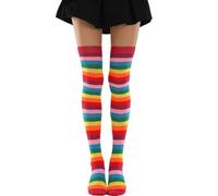 Dasbsug Calze alte alla coscia Calze colorate a righe arcobaleno sopra il ginocchio scaldamuscoli per donne uomini regali per bambini calze colorate a righe arcobaleno, Rosso rosato, Taglia unica