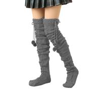 Dasbsug Calze lunghe alte a maglia con palline pelose abbellimenti per le donne calze invernali sopra il ginocchio calze scaldamuscoli calzini alti a maglia, grigio, Taglia unica