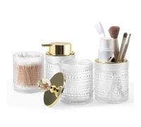 DASITON Set di 4 Accessori da Bagno in Vetro con Dispenser per Sapone per Lozioni, Portaspazzolino, Bicchiere, Barattoli di Cotton Fioc, L'arredo del Bagno, Set Accessori Bagno Completo (Trasparente)