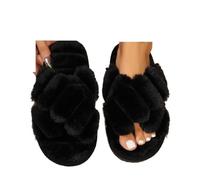 DASJKDI Ciabatte Donna Peluche Pantofole morbide con cinturino incrociato da donna, invernali, punta aperta, in peluche e pelliccia, tacco basso, for tenere al caldo le scarpe in cotone(Black,36-37)