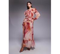 Daska - Vestito lungo in chiffon rosa con stampa astratta e volant a mantella-Multicolore 48