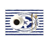 DASNK Tovagliette Plastica Lavabili, Set di 4 Tovagliette Non-scivolose Resistenti al calore,Tovaglietta per Cucina,Emblema nautico blu bianco con salvagente e stelle marine su sfondo a stris,30x45cm
