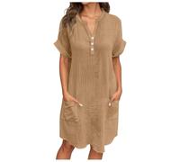 Dasongff Abito in lino di cotone da donna, estivo, elegante, tunica a maniche corte, ampia, casual, tinta unita, abiti con bottoni scollo a V, abiti da spiaggia economici di grandi dimensioni, vestito