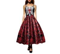 Dasongff Abito lungo da donna di Halloween con Stampa Classica di Tutti i Santi - Pipistro, Zucche e fantasmi, Spalline Lunghe, Taglio a V - Collo, rosso, S
