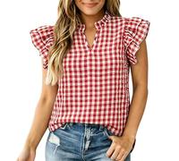 Dasongff Camicetta da donna chic ed elegante a quadretti, scollo a V con volant a mezza bottoni, maniche galleggianti, a castello, camicetta country bucheron, scollo a V, con bottoni oversize