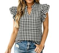 Dasongff Camicetta da donna chic ed elegante a quadretti, scollo a V con volant a mezza bottoni, maniche galleggianti, a castello, camicetta country bucheron, scollo a V, con bottoni oversize