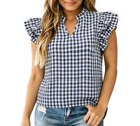 Dasongff Camicetta da donna chic ed elegante a quadretti, scollo a V con volant a mezza bottoni, maniche galleggianti, a castello, camicetta country bucheron, scollo a V, con bottoni oversize