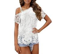 Dasongff Camicetta in pizzo da donna con spalle scoperte a maniche corte corte a una spalla aderente camicetta trasparente da donna traspirante di grandi dimensioni tunica maglietta estiva top, bianco