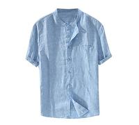 Dasongff Camicia da uomo in lino, a maniche corte, con colletto alto, abbottonatura corta, per il tempo libero, in bianco, nero, blu navy, slim fit per uomo xl Azzurro
