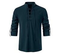 Dasongff Camicia in Lino con Lacci da Uomo Costume Vintage Medievale Casual a Maniche Lunghe Viking Pirata Camicia, Blu marino, L