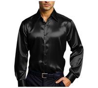 Dasongff Camicie in Satin Lucido per Uomini a Maniche Lunghe Casual Camicie con Bottoni Anni 70 Costume Disco Aderente Camicia in Satin Simile alla Seta Festa d'affari, C1 Nero, S