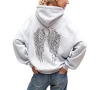 Dasongff - Felpa con cappuccio da donna Angel, con ali di angelo in strass e tasche, casual, a maniche lunghe, per autunno e inverno, streetwear sportivo, grigio, XS