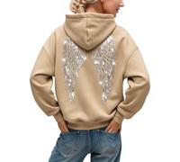 Dasongff Oversize - Felpa con cappuccio da donna, con ali d'angelo, con strass, luccicanti sul retro, con cappuccio comfort e sport, abbigliamento per festival e streetstyle, beige, 5XL