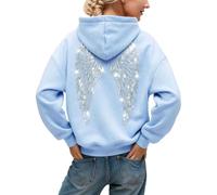 Dasongff Oversize - Felpa con cappuccio da donna, con ali d'angelo, con strass, luccicanti sul retro, con cappuccio comfort e sport, abbigliamento per festival e streetstyle, Azzurro, 4XL