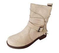Dasongff Stivaletti a tacco basso spesso da donna con punta quadrata con cerniera laterale e stivaletti corti, Beige 1, 37 EU