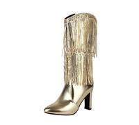 Dasongff Stivali da cowboy da donna, con frange e stivali, a metà polpaccio, con tacco rotondo, con frange e fibbia a tacco basso, stivaletti con nappa, pantaloncini da donna, sexy, oro, 37 EU