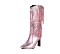 Dasongff Stivali da cowboy da donna, con frange e stivali, a metà polpaccio, con tacco rotondo, con frange e fibbia a tacco basso, stivaletti con nappa, pantaloncini da donna, sexy, Rosa, 37 EU