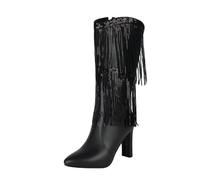 Dasongff Stivali da cowboy da donna, con frange e stivali, a metà polpaccio, con tacco rotondo, con frange e fibbia a tacco basso, stivaletti con nappa, pantaloncini da donna, sexy, Nero , 44 EU