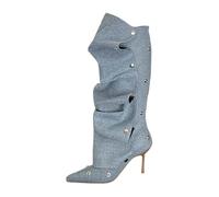 Dasongff Stivali da cowboy da donna con frange e stivali, tacco a metà polpetta, con punta rotonda, fibbia a tacco basso, stivaletti con pompon Knight, pantaloncini da donna sexy alti a buon mercato
