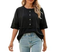 DASONLUE Camicetta oversize da donna, a maniche corte, scollo rotondo, bottoni discreti, tessuto misto cotone e lino, con piccola tasca, per vacanze in spiaggia, campeggio, weekend, O nero., S