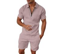 DASONLUE Tuta da uomo in tinta unita, due pezzi, button down risvolto, camicia e pantaloncini baggy, in lino, traspirante, per il tempo libero, casual, sportiva, comoda tuta da jogging, O oro rosa, XL