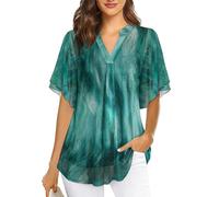 Datuhao Camicia da donna elegante a maniche corte tunica estiva con scollo a V, maglia a doppio strato con maniche a farfalla, Fiori verdi, XXL