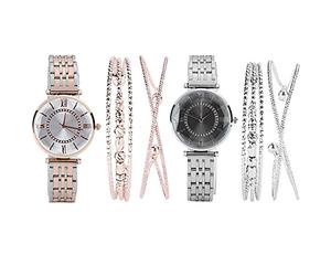 DAUERHAFT Orologio da Donna, con Bracciale 2 Pezzi e Orologio e Bellissima Confezione Regalo, Set di Gioielli di Moda, Adatto per Regali/Amiche(Argento Rosa Bianco)