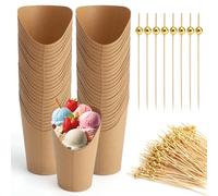 DAWRIS 50 Bicchieri In Carta Kraft con 200 Bastoncini, 12 Oz Carta Porta Pop Corn, Bicchieri Per Caramelle, Gelato, Patatine Fritte, Popcorn, Pollo Arrosto, Sacchetti per Snack per tutti di Festa