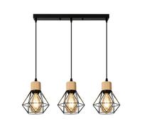 DAXGD 3 Luci Lampada a Sospensione, E27 Lampada a Soffitto in Metallo e Legno, Nero Illuminazione Lampadario a Sospensione E27 per Camera da Letto, Sala da Pranzo, Cucina, Soggiorno (Senza Lampadine)