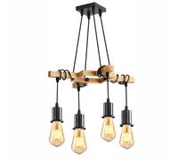 DAXGD 4 Luci Lampada a Sospensione, E27 Lampada a Soffitto in Metallo e Legno, Nero Vintage Lampadario a Sospensione E27 per Camera da Letto, Sala da Pranzo, Cucina, Soggiorno (Lampadine non Incluse)