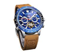 DAXIAOYU Cronografo da uomo automatico Tourbillon orologio meccanico multifunzione scheletro impermeabile orologio da polso moda in vera pelle giorno data mese calendario completo orologi, MarroneBlu,