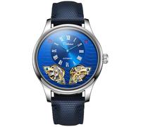 DAXIAOYU Orologio da polso classico da uomo con numeri romani meccanici automatici di lusso scheletro cavo doppio quadrante volante design orologio da polso impermeabile business Tourbillon, Blu