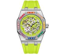 DAXIAOYU Orologio da polso da uomo alla moda con lunetta con diamanti arcobaleno e scheletro di lusso, orologio meccanico a carica automatica, cinturino in silicone, impermeabile e luminoso, Argento