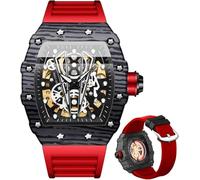 DAXIAOYU Orologio da polso da uomo automatico Tonneau Skeleton meccanico a carica automatica alla moda sportivo cinturino in silicone maschile impermeabile luminoso, rosso e nero., Moda
