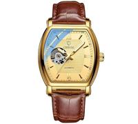 DAXIAOYU Orologio da uomo di lusso alla moda con quadrante scheletro Tonneau Orologio meccanico automatico quadrato scava fuori impermeabile luminoso cinturino in pelle orologi da polso, Marrone,