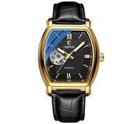 DAXIAOYU Orologio da uomo di lusso alla moda con quadrante scheletro Tonneau Orologio meccanico automatico quadrato scava fuori impermeabile luminoso cinturino in pelle orologi da polso, Oro e nero.,