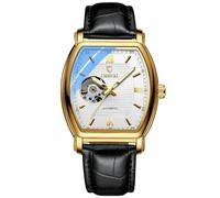 DAXIAOYU Orologio da uomo di lusso alla moda con quadrante scheletro Tonneau Orologio meccanico automatico quadrato scava fuori impermeabile luminoso cinturino in pelle orologi da polso, Oro bianco,