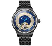 DAXIAOYU Orologio da uomo Tourbillon con quadrante con strass, luminoso, impermeabile, automatico, meccanico, in acciaio inox, di alta qualità, alla moda, orologio da polso, Oro nero 1, Lusso