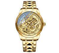 DAXIAOYU Orologio meccanico automatico con quadrante scheletrato dorato di lusso, orologio meccanico cinese cultura e arte 3D con motivo drago in rilievo orologio luminoso in acciaio inossidabile per