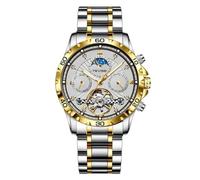 DAXIAOYU Orologio meccanico automatico da uomo alla moda, multifunzione, con calendario settimanale con fasi lunari e tourbillon impermeabile, cinturino in acciaio inox, luminoso, Oro bianco, Lusso